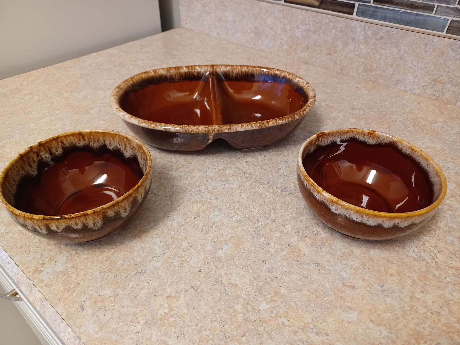 Vintage Lot of Drip Ware Stoneware Divided Dish & Bowls: Vintage Lot of Drip Ware Stoneware Divided Dish & Bowls