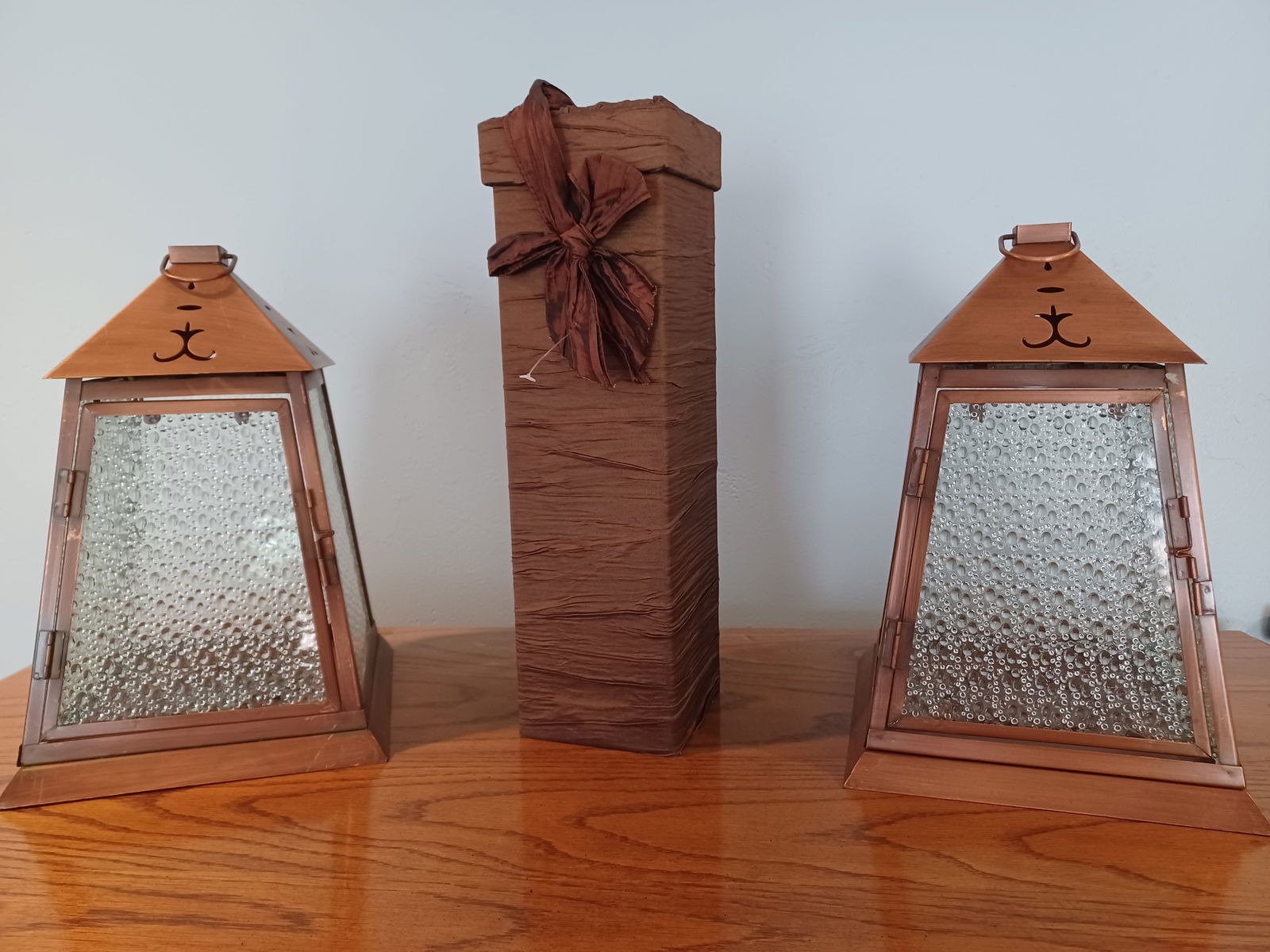 Pair of Copper Tin Candle Holders and Wine Carrier: Pair of Copper Tin Candle Holders and Wine Carrier