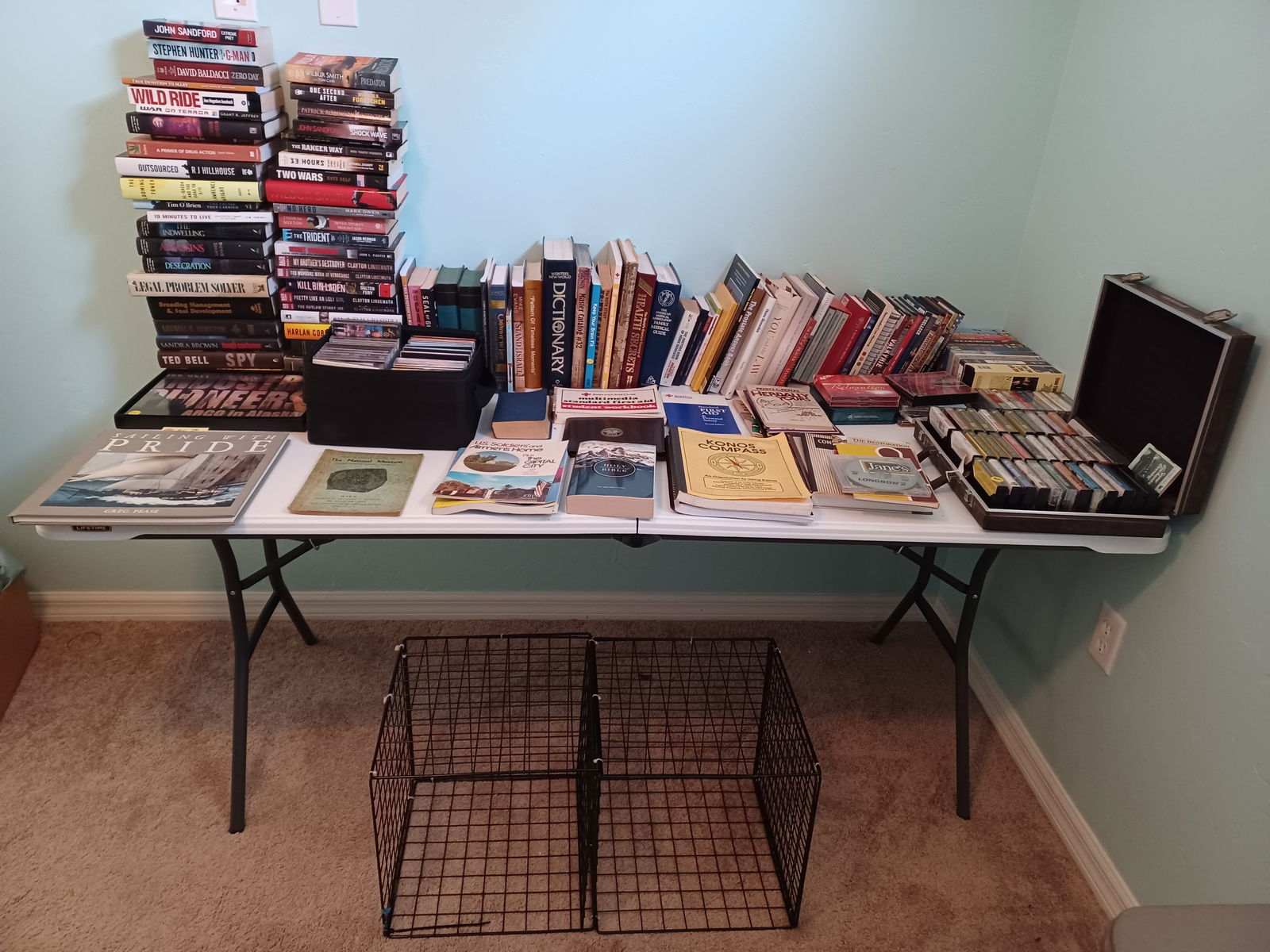 LARGE Lot of Books, DVD's, VHS, Cd's, Cassettes includes black wire shelf seen in photos (1 of 18)