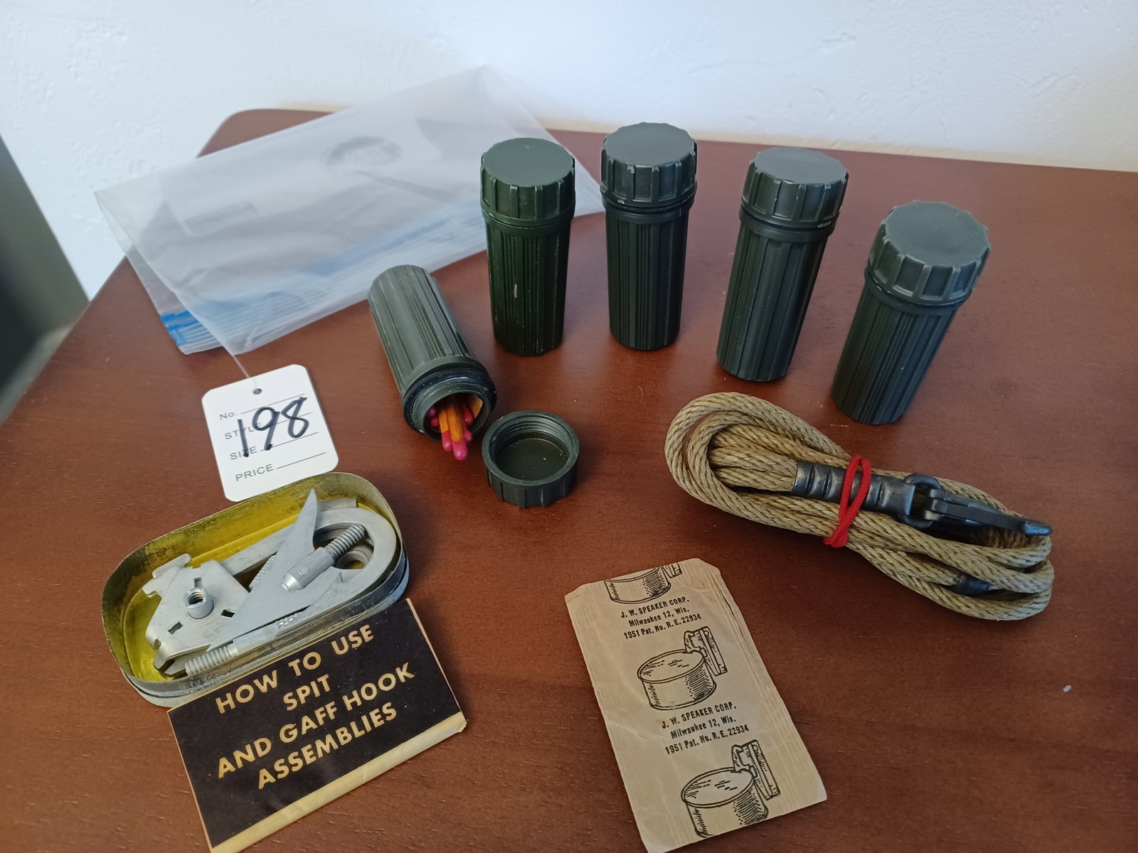 Lot of Vintage WW2 Army Match caes, Gaff Hook Kit, etc: Lot of Vintage WW2 Army Match caes, Gaff Hook Kit, etc
