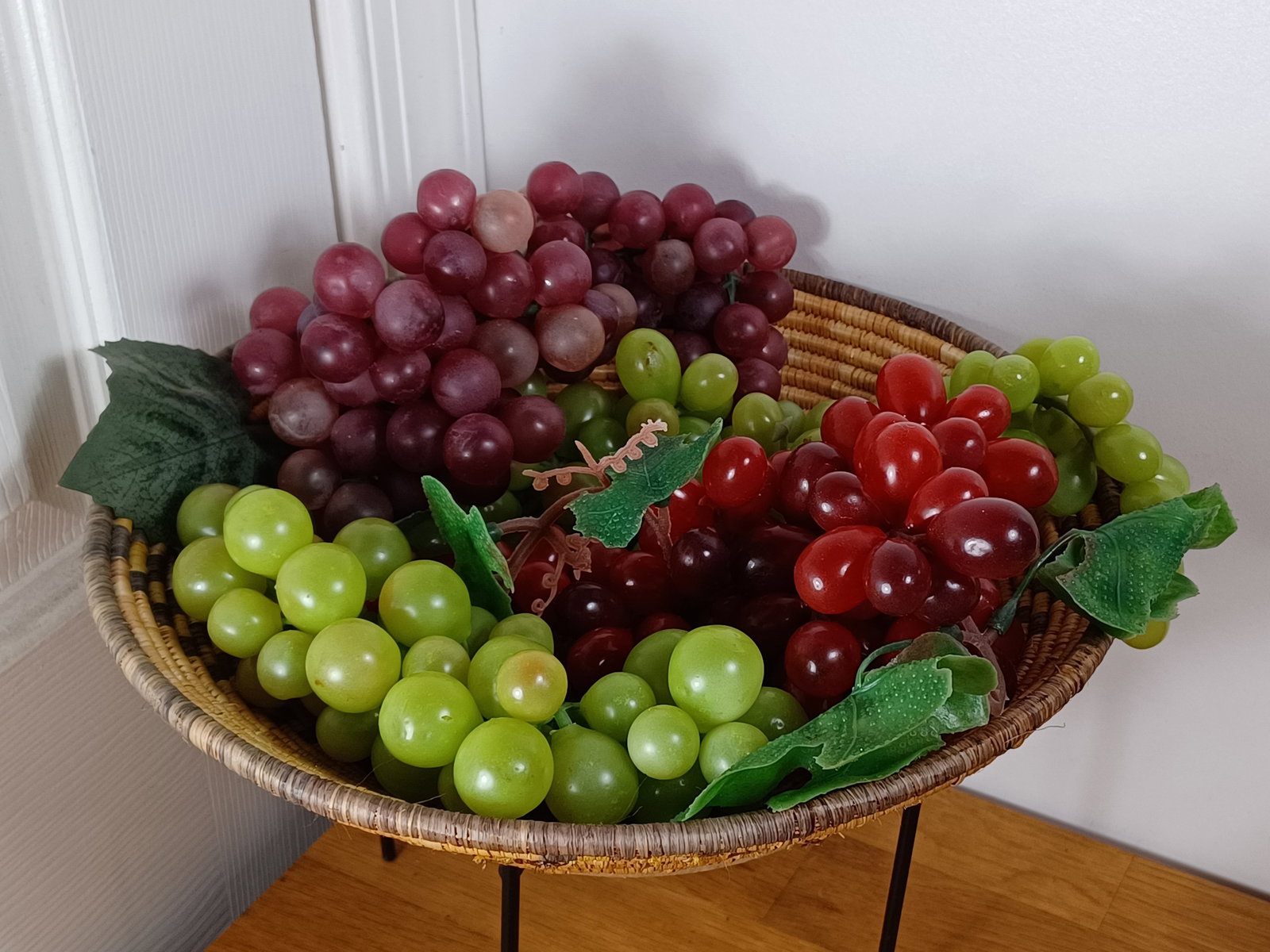 Vintage Woven Basket with Faux Fruit: Vintage Woven Basket with Faux Fruit