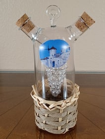 Greek Hand Blown Glass Oil & Vinegar Dispenser with Santorini Scene