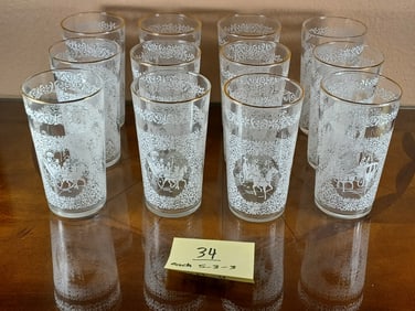 Vintage Set of 12 Hazel Atlas Monticello White Winter Horse & Buggy Tumblers