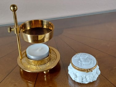 Lot of Small Porcelain Trinket Box & Brass Incense Burner