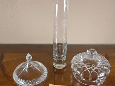 Lot of Tall Etched Glass Vase and 2 Crystal Lids