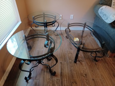 Beautiful Wrought Iron & Glass Top End Tables and Coffee Table