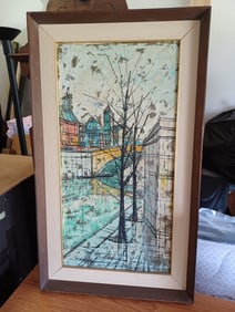 Vintage Mid Century Framed Oil on Canvas River Walk Scene