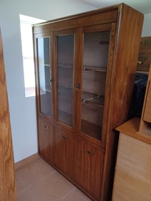 Vintage Mid Century China Hutch with Glass Shelves and Brass Trim & Handles