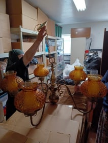 Large Mid Century Brass Chandalier with Anber Globes / Complete and no cracks or chips