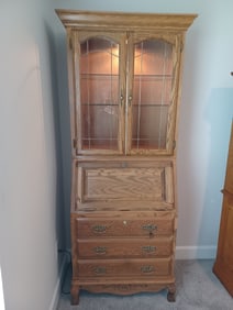 Tall Oak Secretary with Leaded Glass, Key, and Claw Feet