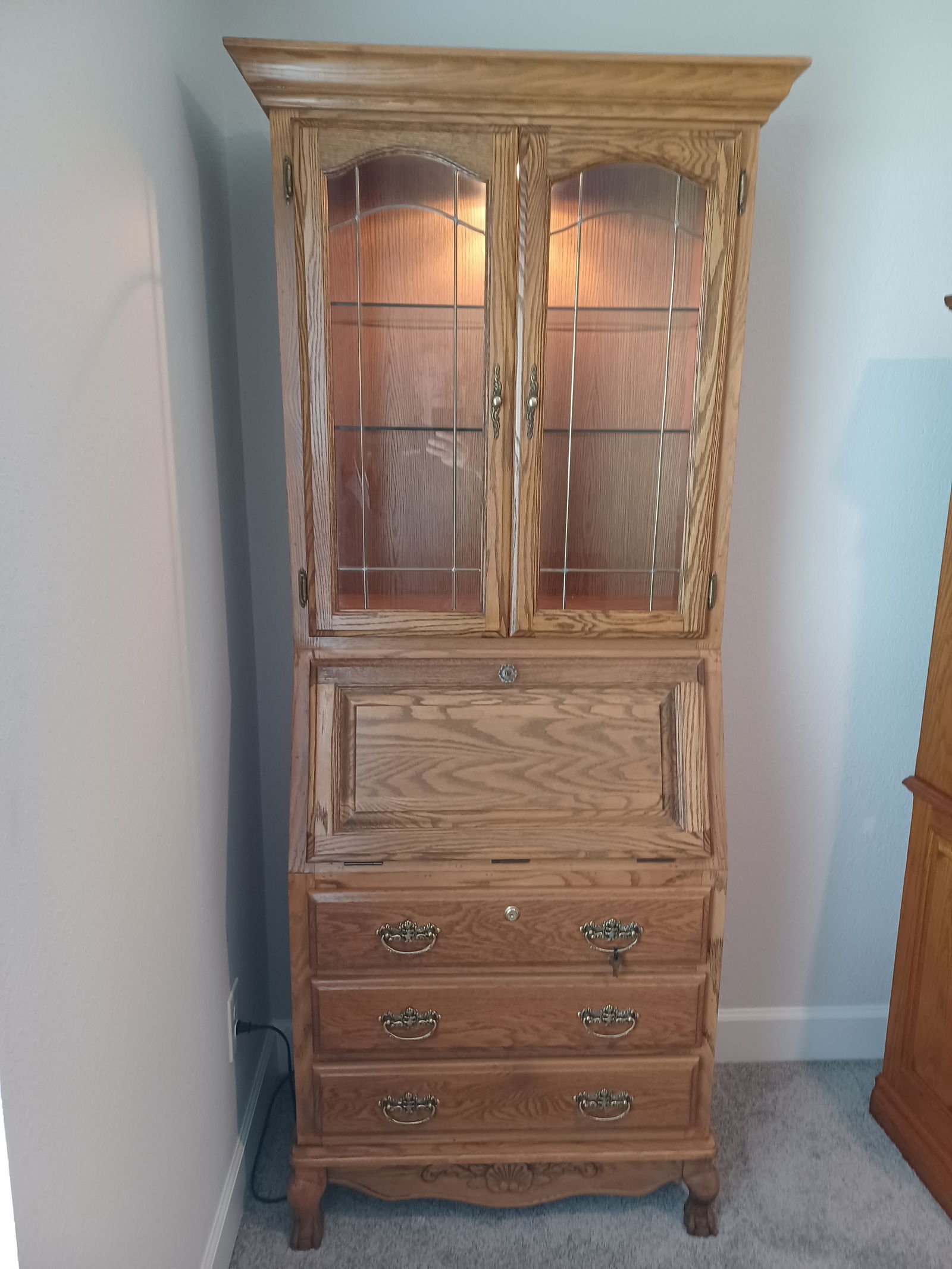 Tall Oak Secretary with Leaded Glass, Key, and Claw Feet: Tall Oak Secretary with Leaded Glass, Key, and Claw Feet