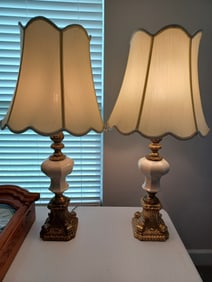 Vintage Pair of Mid Century Brass & Porcelain Lamps