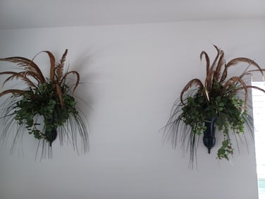 Beautiful Large Metal Wall Vases with Pheasant Feathers & Greenery