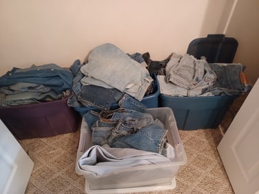 Large Lot of Jeans / all sizes and styles / owner bought to scrap them for sewing projuect / all