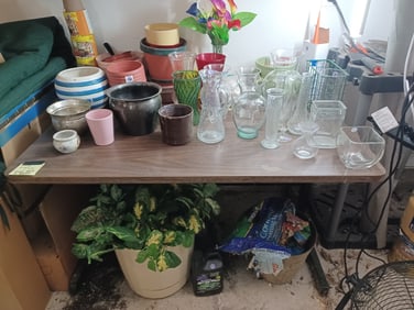 LOT of Work Bench, Pots, Vases, etc