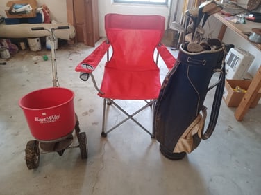 Lot of Golf Clubs, Chair & Seed Spreader