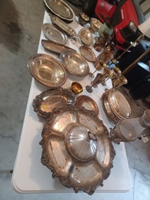 Large Lot of Silver Plated Serving Pieces/ some are engraved trophy pieces