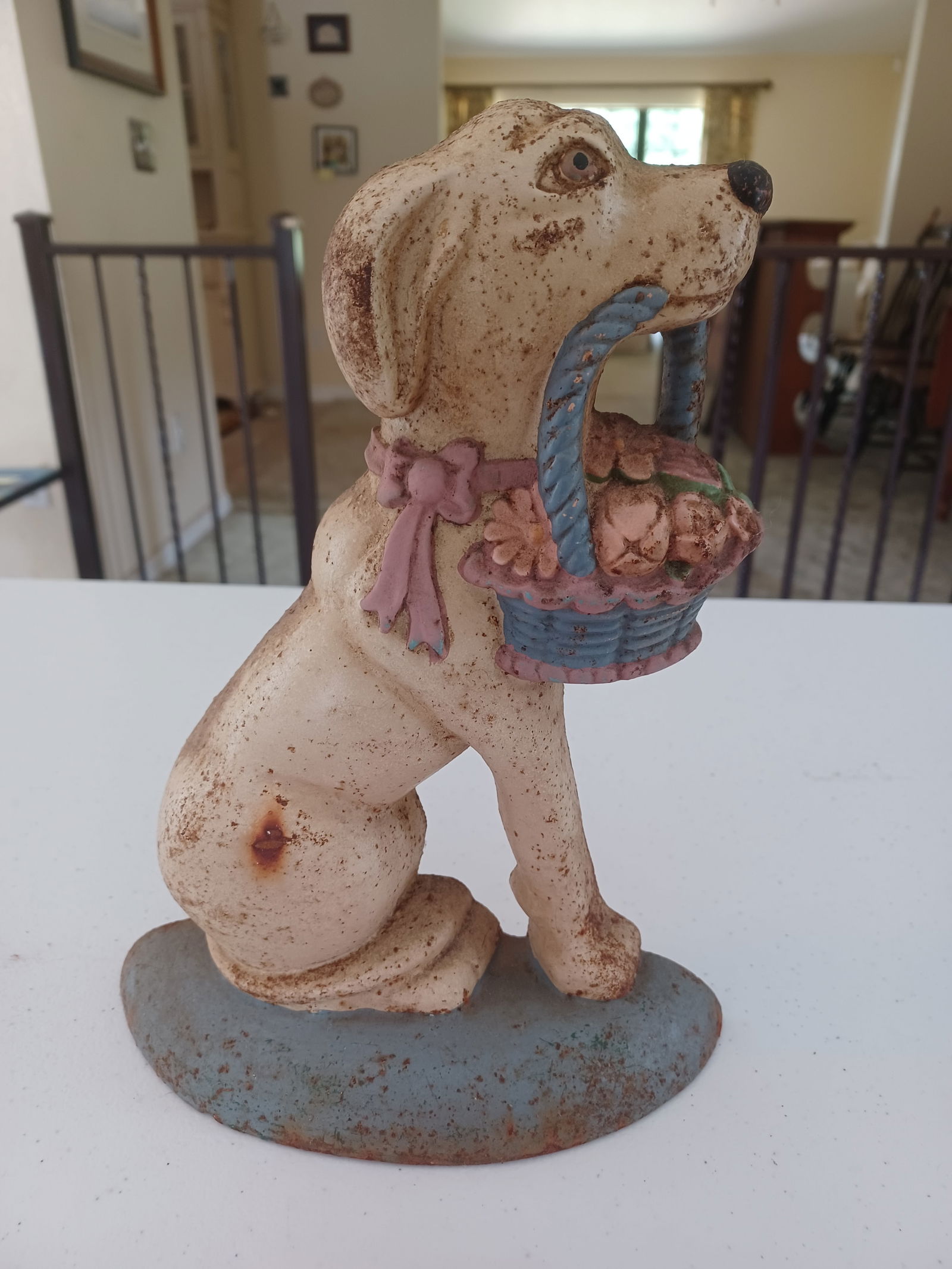 Vintage Iron Doorstop / Dog with Basket (1 of 5)
