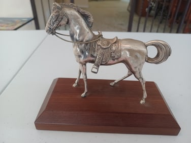 Silver Metal Horse Statue on Wood Base