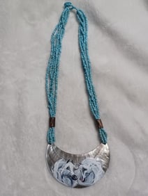 Turquois & Mother of Pearl Bead Necklace with Painted Horses