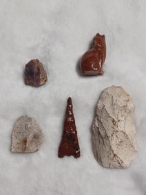 Lot of Indian Arrowhead, Carved Gold stone Wolf, etc