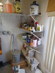 Lot includes small white bench, paint, sprayer and everything in [hotos except shelves