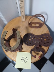 Vintage Farm Items / Calf Weener/ Stirrup / Horse Shoe Wall hanger