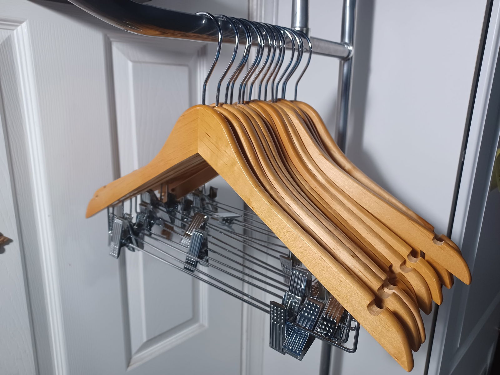 Lot of 14 Wooden Hangers with clips: Lot of 14 Wooden Hangers with clips