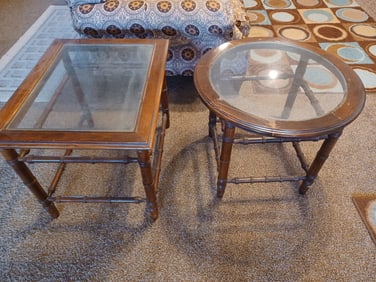 Pair of Mid Century Rattan Style Glass Top Tables