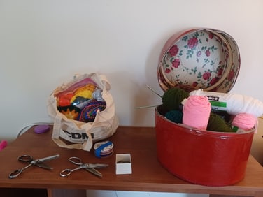 Lot of Crochet Supplies includes Vintage Red Hat Box