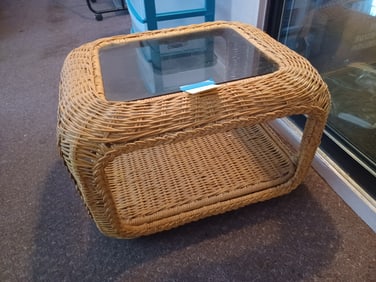 Vintage Glass Top Wicker Coffee Table