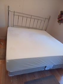 King Size Bed/ Headboard, Frame & Natures Sleep Memory Foam Mattress & Box Springs / some stains on