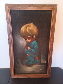 Vintage Oil on Velvet Artist Signed Artwork of Praying Child