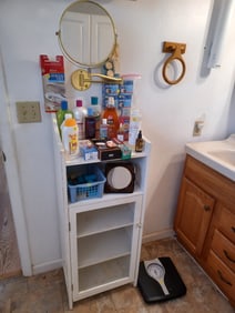 Bathroom Cabinet, contents, Gold Wall Mirror, Scales, Etc