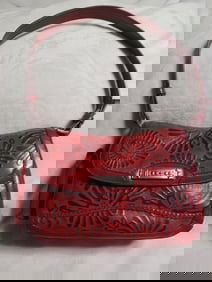 Vintage Marc Chantel Red Leather Embossed Shoulder Bag