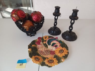 Lot including Vintage Spanish Revival Fruit Bowl & Candle Holders, also Chicken Plate and Decorative