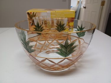 NEW Mouth Blown Hand Painted Optic Glass Bowl with 22k Gold Accents