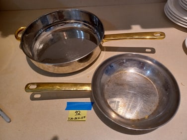 Pair of Stainless Steel Gold Trimmed Frying Pans