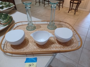 Mixed Lot Tray, Candle Sticks, Cream & Sugar Set