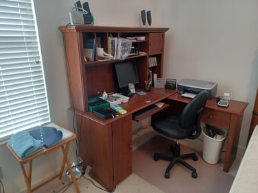 Large Computer Desk Lot / Includes everything pictured including side table, chair, mat and contents