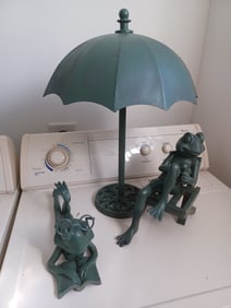 Unique Wrought Iron Sunbathing Frogs & Umbrella Statue