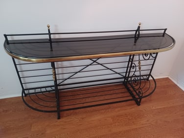 Vintage Mid Century Metal Entry Table with gold accents and acrylic smoked top