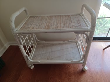 White Rattan Tea Cart on Wheels