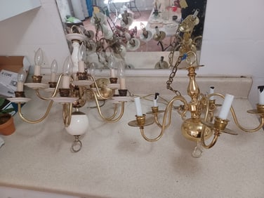 Lot of 2 Vintage Chandeliers / Brass & Porcelain