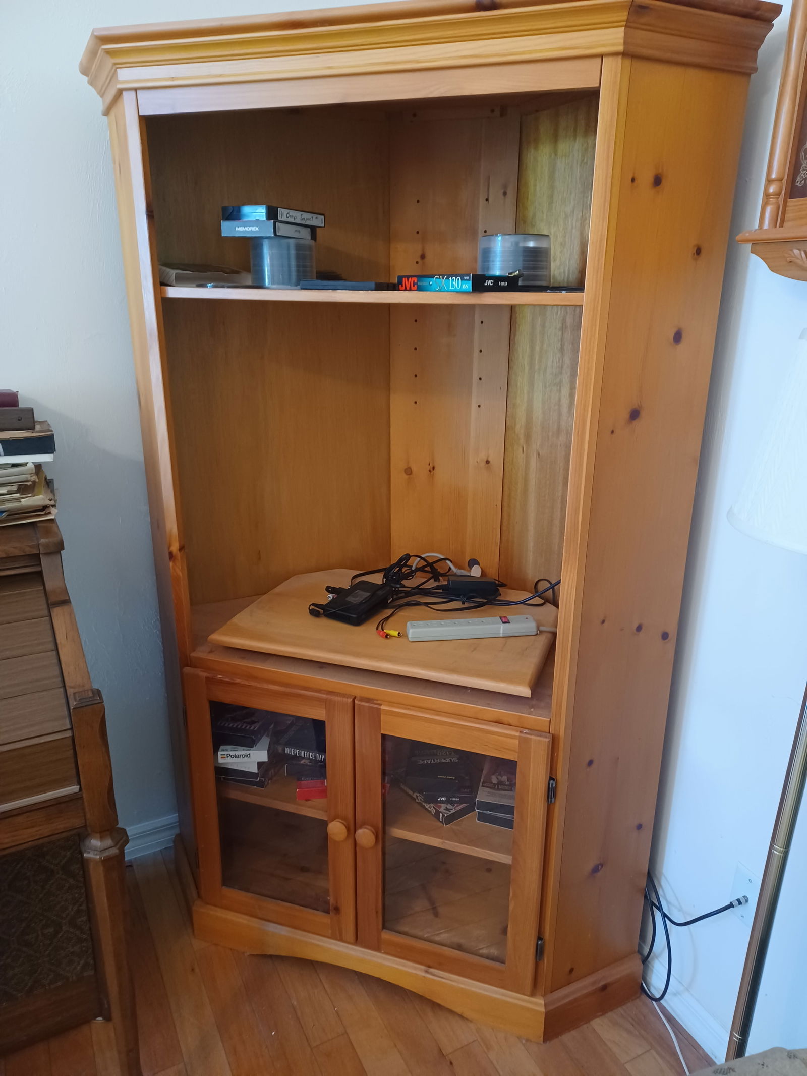 Solid Pine Wood Corner Cabinet and contents / Would make a great repurposed coffee or liquor bar (1 of 9)