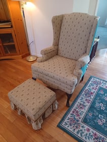 Wingback Chair with ottoman / damage to wood trim on ottoman as seen in photos