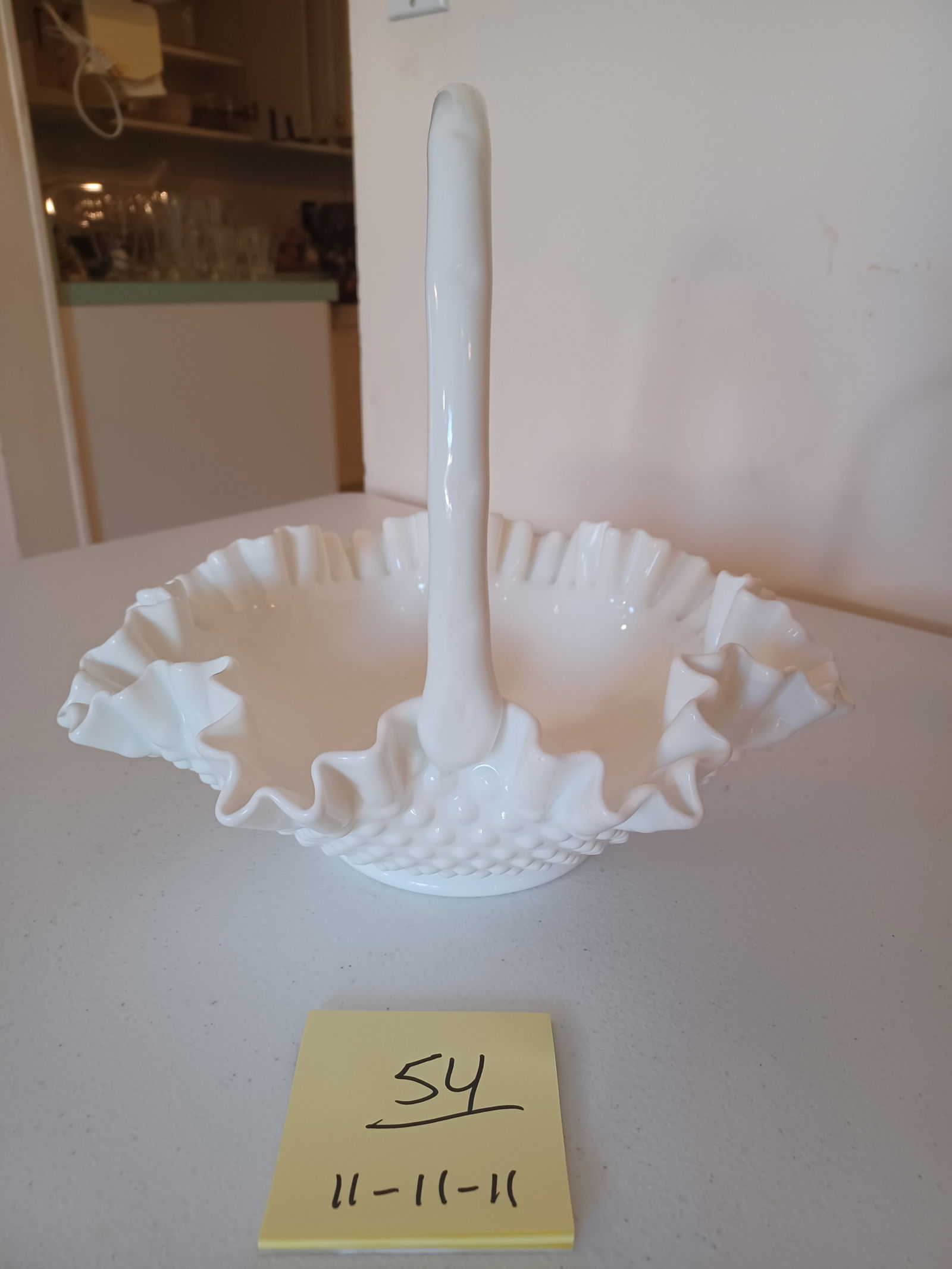 Large Fenton Hobnail Milk Glass basket: Large Fenton Hobnail Milk Glass basket