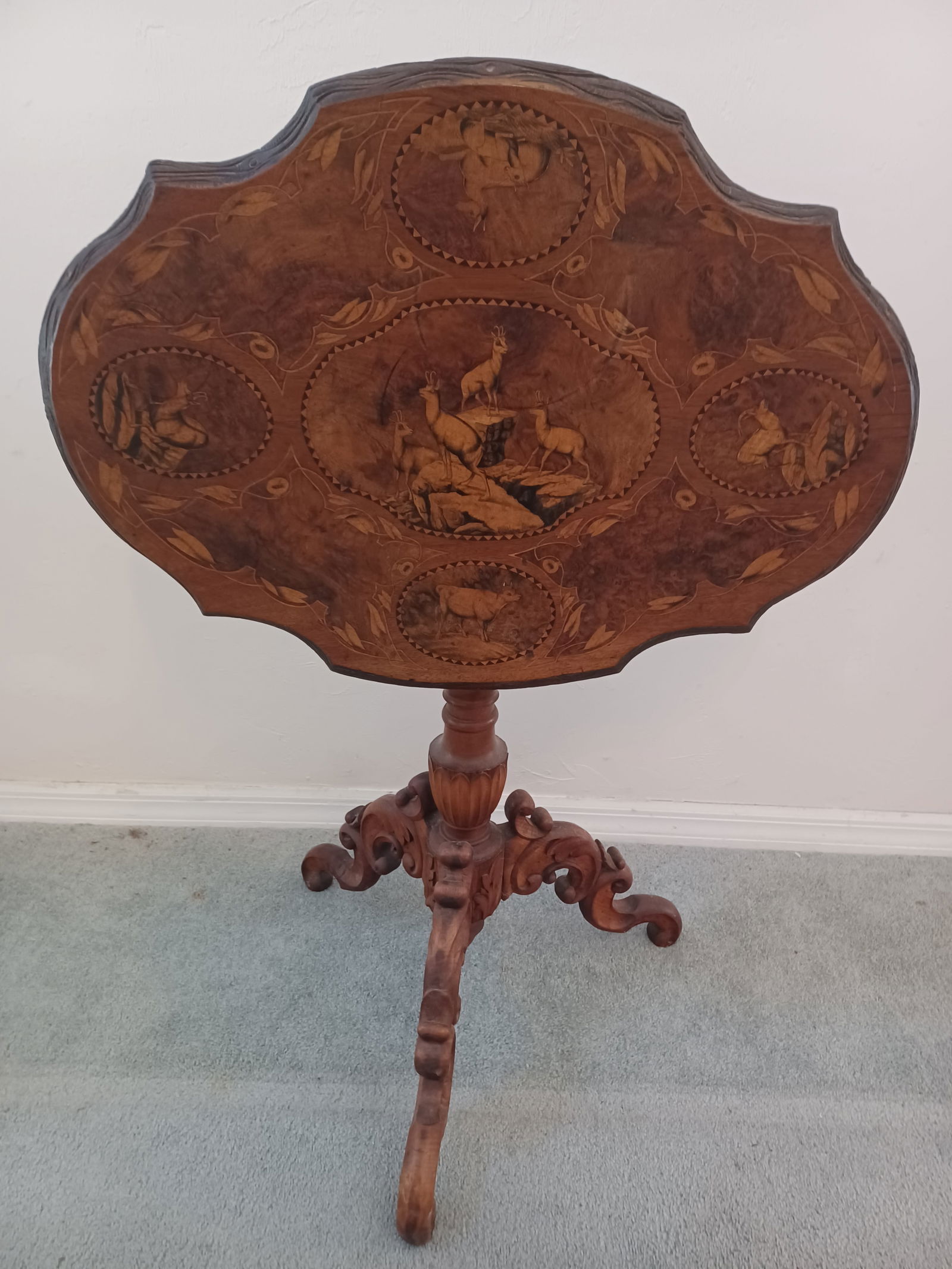 Stunning 1880s Swiss Black Forest Marquetry Tilt-Top Table: Stunning 1880s Swiss Black Forest Marquetry Tilt-Top Table