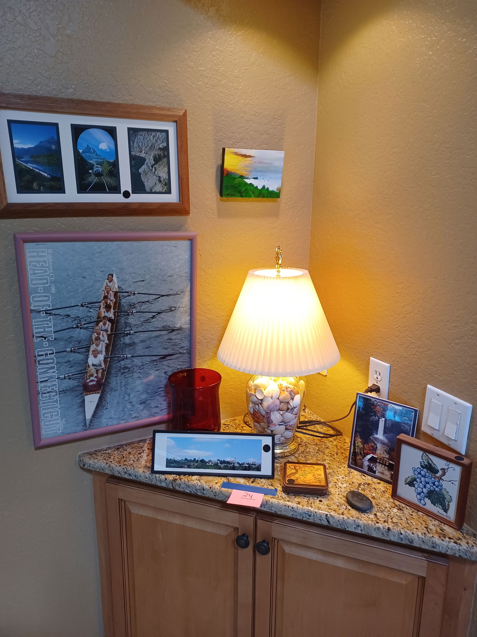 Large Lot of Decorative items including Sea Shell lamp, artwork/ all seen on countertop and on wall: Large Lot of Decorative items including Sea Shell lamp, artwork/ all seen on countertop and on wall