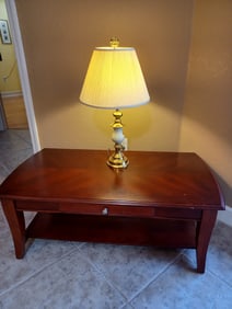 Mahogany Coffee Table and Lamp/ some wear as seen